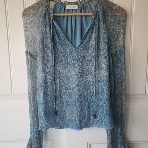 Ramy Brook Tops - Ramy Brook Blue Paisley Sheer Silk Overlay Blouse XXS